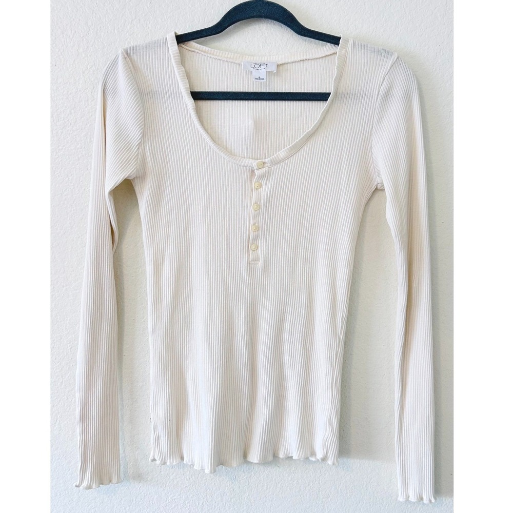 LOFT Ann Taylor Sleepwear Henley Top Ribbed Cotton Cream Long Sleeve SZ S
